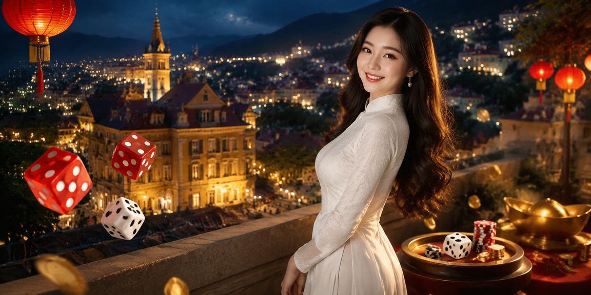 Người phụ nữ mặc áo dài Đà Lạt cầm xúc xắc tài xỉu trong không gian vui tươi lễ hội