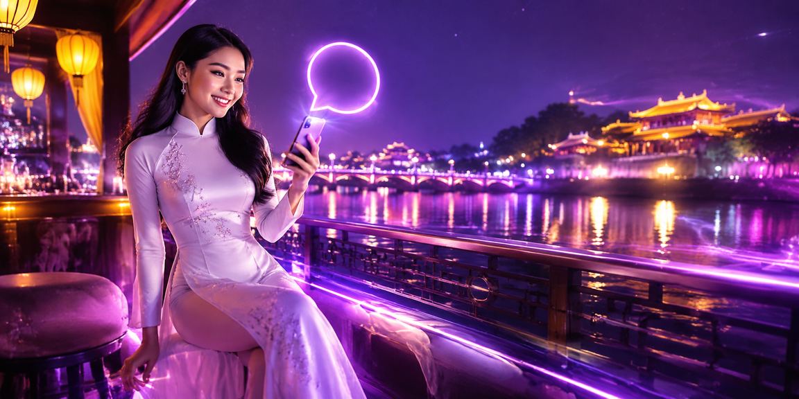Người dùng Huế theo dõi kết quả cá cược thể thao trên điện thoại với trang phục áo dài truyền thống